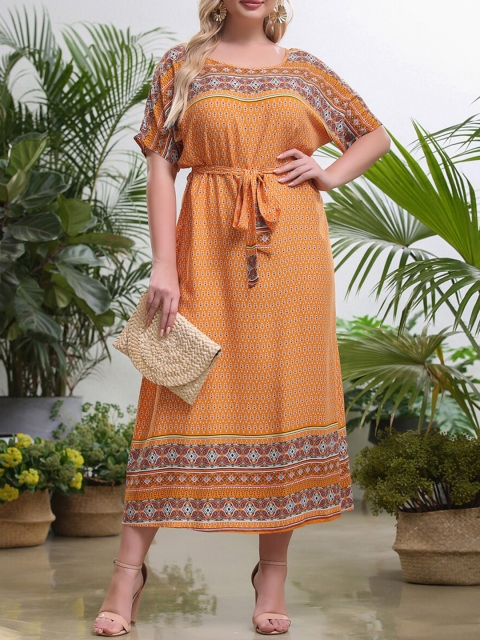 URBANIC Beige Floral A-Line Midi Dress