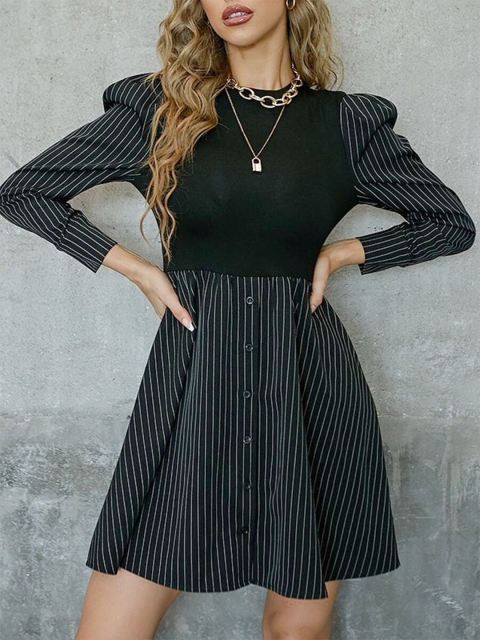 URBANIC Black Striped A-Line Dress