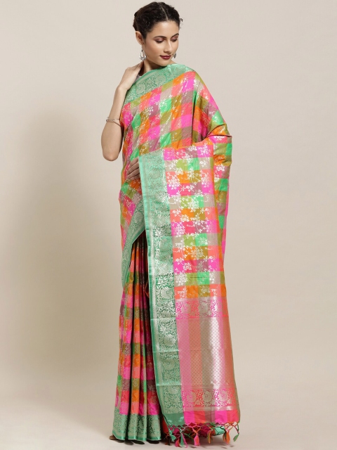 Varkala Silk Sarees Pink & Green Floral Zari Silk Blend Banarasi Saree