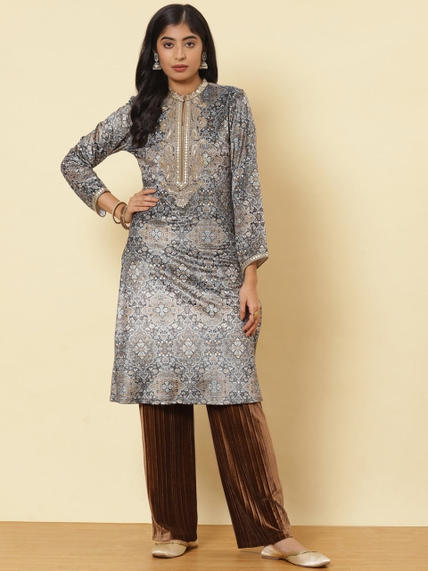 Lakshita Women Olive Green Embroidered Velvet Kurta With Mirror Work