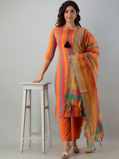 CKM Women Orange Striped Panelled Kurti with Trousers & With Dupatta
CKM Women Orange Striped Panelled Kurti with Trousers & With Dupatta