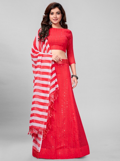 Mitera Pink & White Embroidered Sequinned Semi-Stitched Lehenga & Unstitched Blouse With Dupatta