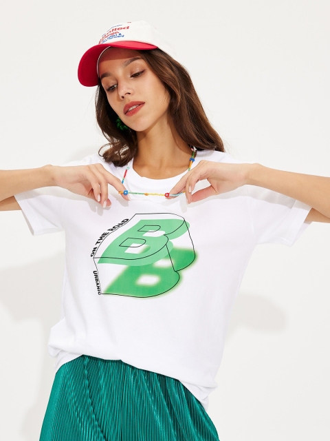 URBANIC Women White & bright gray Printed T-shirt
