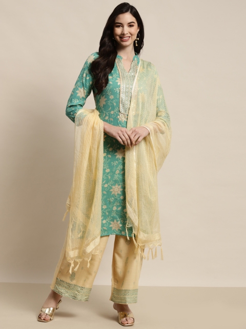 Jompers Women Turquoise Blue Floral Printed Gotta Patti Kurta with Palazzos & With Dupatta
Jompers Women Turquoise Blue Floral Printed Gotta Patti Kurta with Palazzos & With Dupatta