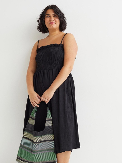 H&M Women Black Smocking-Detail Dress