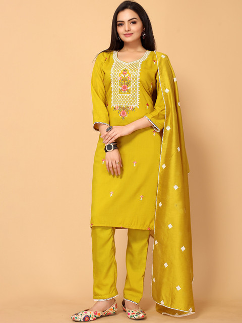 all about you Women Mustard Yellow Floral Embroidered Thread Work Kurti with Salwar & With Dupatta
all about you Women Mustard Yellow Floral Embroidered Thread Work Kurti with Salwar & With Dupatta