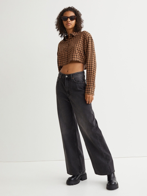 H&M Women Brown Cropped Cotton Shirt
