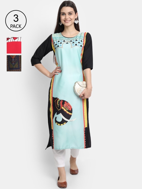 KALINI Women Multicoloured & blue glass Printed Thread Work Crepe Kurta, Multi