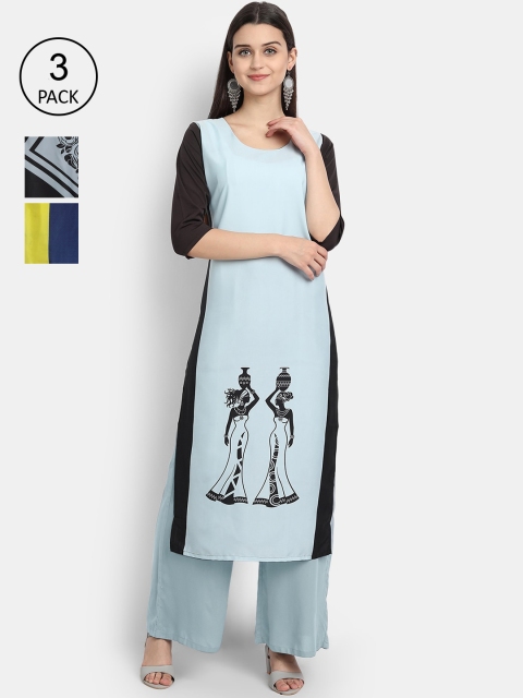 KALINI Women Multicoloured & columbia blue Colourblocked Crepe Kurta, Multi