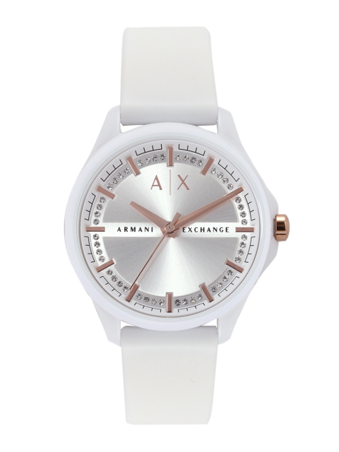 Armani Exchange Women Steel-Toned Embellished Dial & White Straps Analogue Watch AX5268
Armani Exchange Women Steel-Toned Embellished Dial & White Straps Analogue Watch AX5268