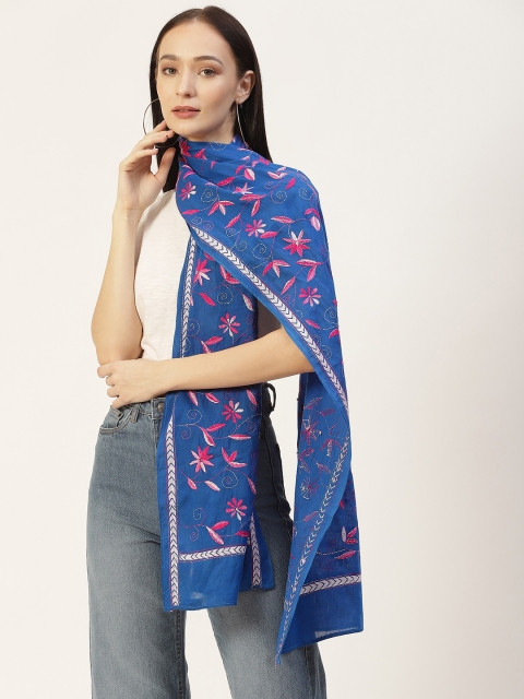 ArtEastri Women Blue & Pink Kantha Embroidered Pure Cotton Stole
