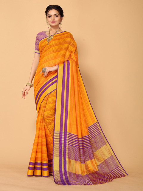 Sangria Orange & Purple Striped Zari Kanjeevaram Saree 
Sangria Orange & Purple Striped Zari Kanjeevaram Saree