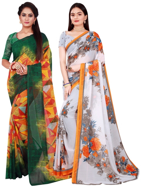Florence White & Orange Floral Pure Georgette Saree