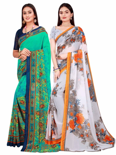Florence White & Orange Floral Pure Georgette Saree