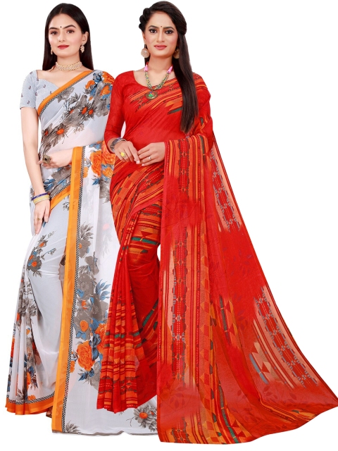 Florence White & Orange Pure Georgette Saree