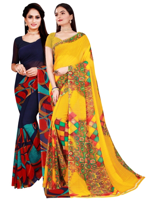 Florence Yellow & Navy Blue Pure Georgette Saree