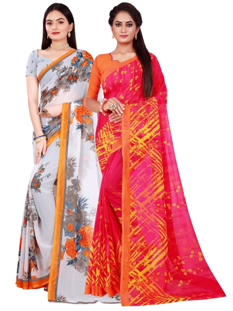 KALINI White & Pink Pure Georgette Saree
