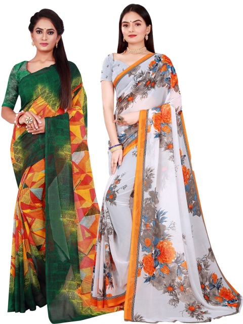 KALINI White & Green Pure Georgette Saree