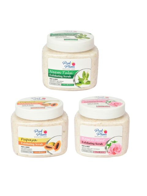 Pink Plums Set of Papaya + Neem Tulsi + Rose & Mint Exfoliating Scrub - 500 ml Each, Off white
Pink Plums Set of Papaya + Neem Tulsi + Rose & Mint Exfoliating Scrub - 500 ml Each, Off white