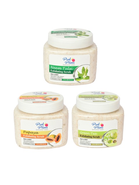 Pink Plums Set of Neem Tulsi + Papaya + Green Tea Exfoliating Scrub - 500 ml Each, Off white
Pink Plums Set of Neem Tulsi + Papaya + Green Tea Exfoliating Scrub - 500 ml Each, Off white
