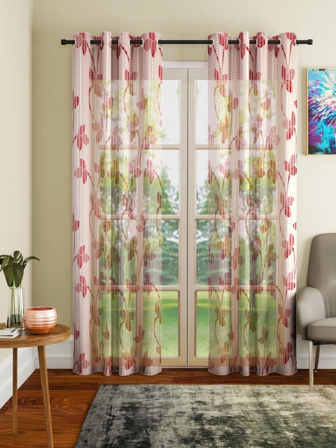 Home Sizzler Maroon & Off White Set of 2 Floral Sheer Long Door Curtain