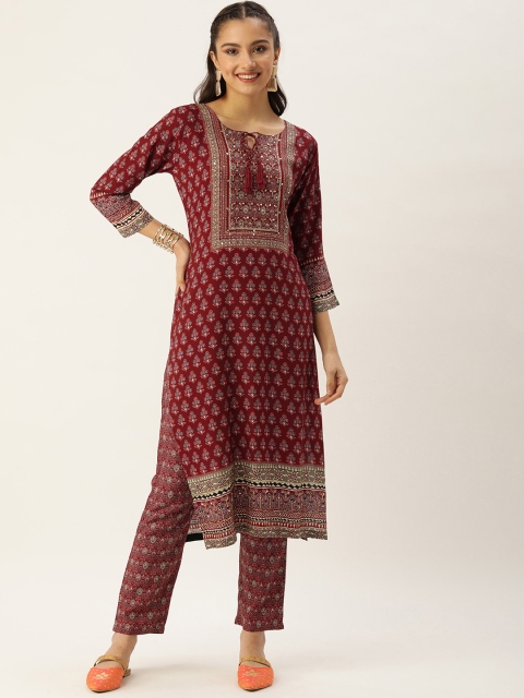 Kay Fashions Women Maroon Ethnic Motifs Printed Sequinned Chanderi Cotton Kurta with Trousers
Kay Fashions Women Maroon Ethnic Motifs Printed Sequinned Chanderi Cotton Kurta with Trousers