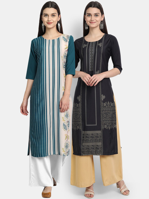 KALINI Women Multicoloured Geometric Striped Thread Work Crepe Kurta, Multi
KALINI Women Multicoloured Geometric Striped Thread Work Crepe Kurta, Multi