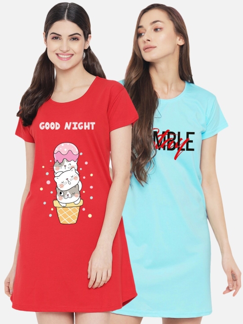 FFLIRTYGO Pack Of 2 Red & Blue Printed Nightdress