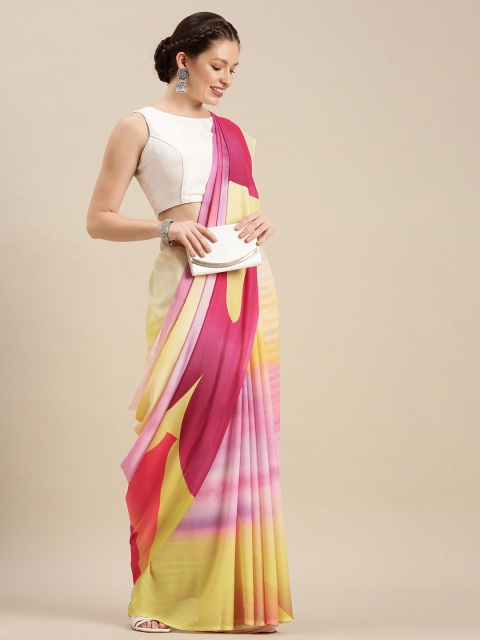 VAIVIDHYAM Yellow & Pink Striped Pure Georgette Celebrity Block Print Saree
VAIVIDHYAM Yellow & Pink Striped Pure Georgette Celebrity Block Print Saree