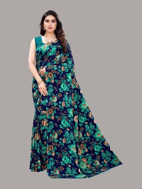 Yashika Blue & Green Floral Zari Saree
