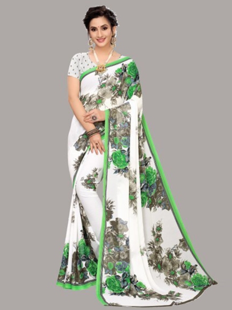 Yashika Green & White Floral Zari Saree