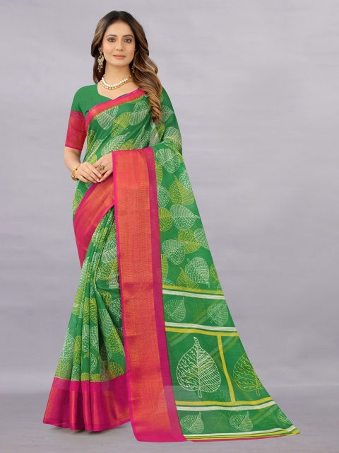 APNISHA Green & Pink Floral Zari Pure Cotton Saree