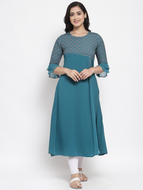 ALC Creations Women Blue & blue sapphire Geometric Yoke Design Flared Sleeves Mirror Work Pastels Crepe Kurta
ALC Creations Women Blue & blue sapphire Geometric Yoke Design Flared Sleeves Mirror Work Pastels Crepe Kurta