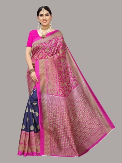 Yashika Navy Blue & Pink Ethnic Motifs Art Silk Saree