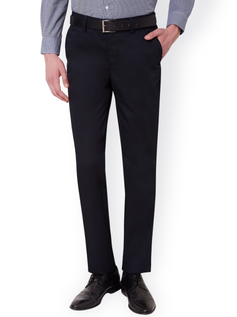 Peter England Men Navy Slim Fit Solid Formal Trousers, Navy blue