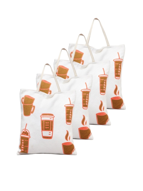 KLOTTHE Set of 4 White & Brown Printed Shopper Tote Bags