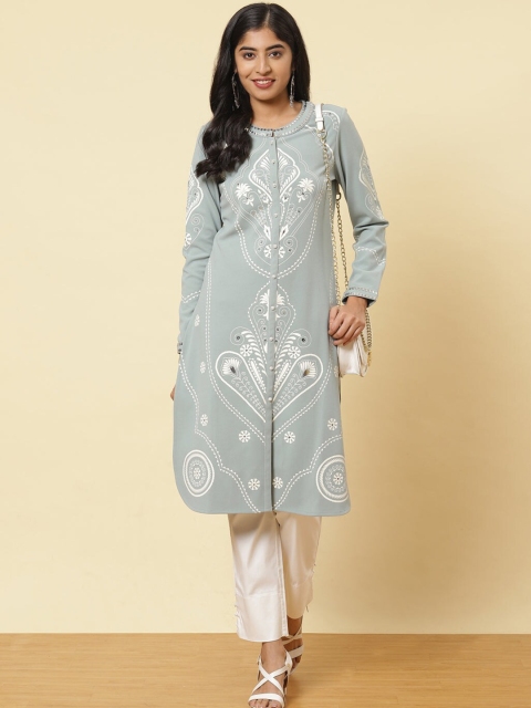Lakshita Grey & White Ethnic Motifs Printed Sequinned Kurta