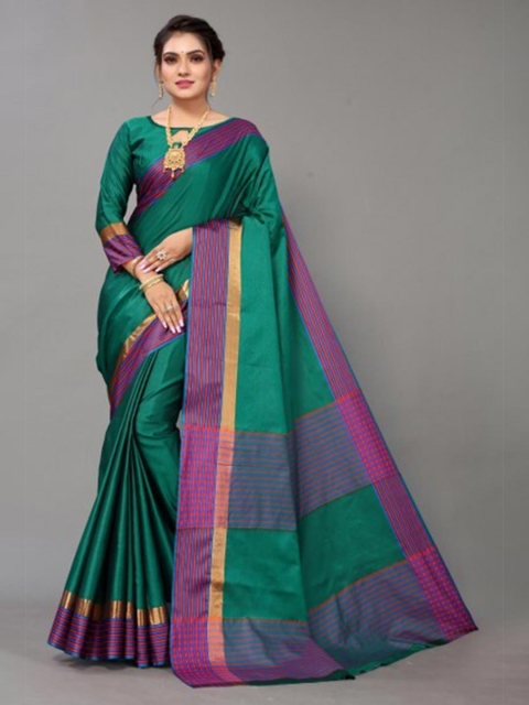 Yashika Green & Pink Striped Silk Cotton Saree