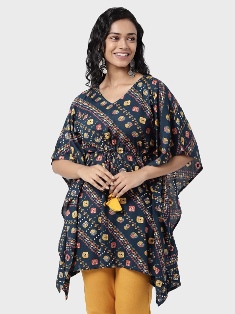 R&B Women Blue Floral Print Georgette Kaftan Longline Top
