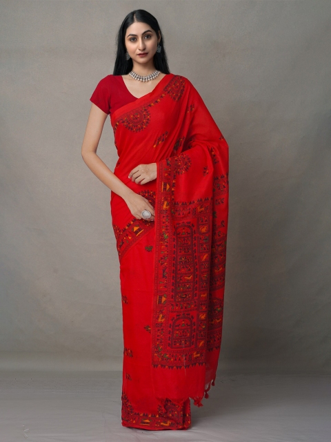 Unnati Silks Red & Black Tie and Dye Pure Linen Jamdani Saree
