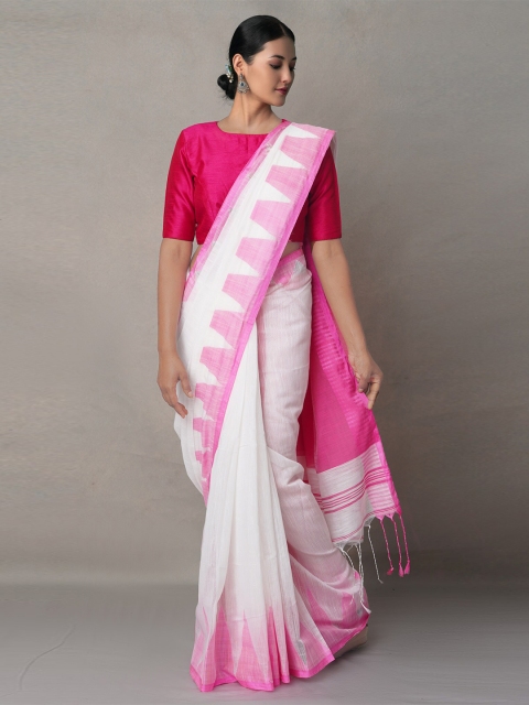 Unnati Silks White & Pink Pure Linen Jamdani Saree