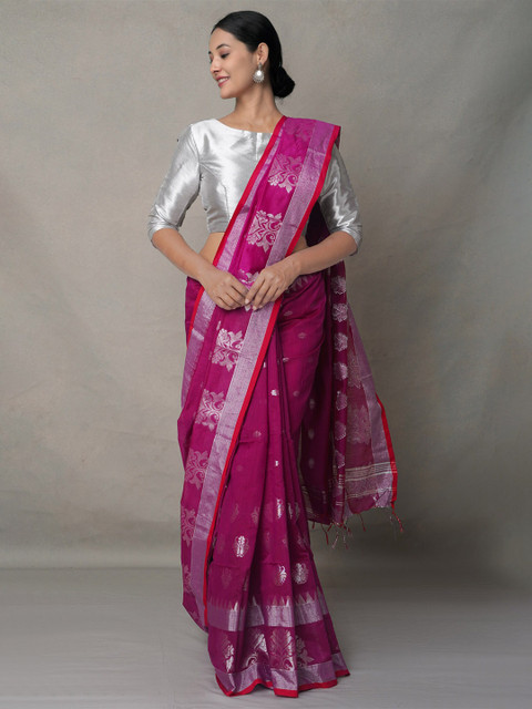 Unnati Silks Purple & Silver-Toned Woven Design Silk Cotton Jamdani Saree
Unnati Silks Purple & Silver-Toned Woven Design Silk Cotton Jamdani Saree