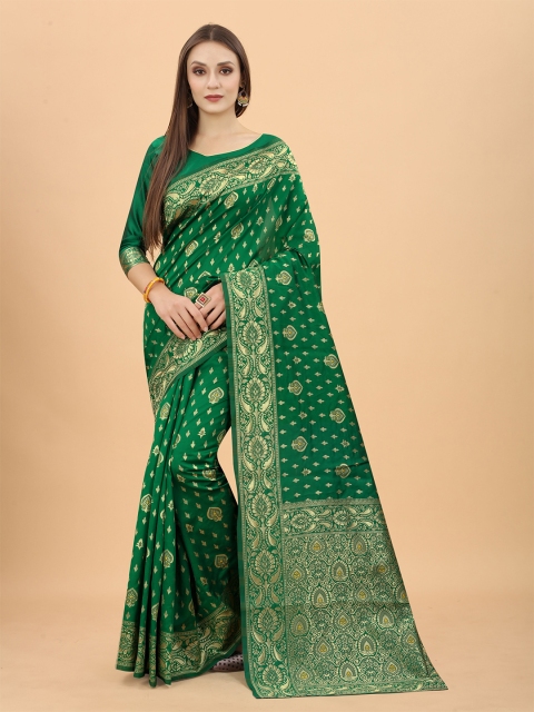 INDI AVTAAR Green & Gold-Toned Woven Design Zari Silk Cotton Heavy Work Banarasi Saree
INDI AVTAAR Green & Gold-Toned Woven Design Zari Silk Cotton Heavy Work Banarasi Saree