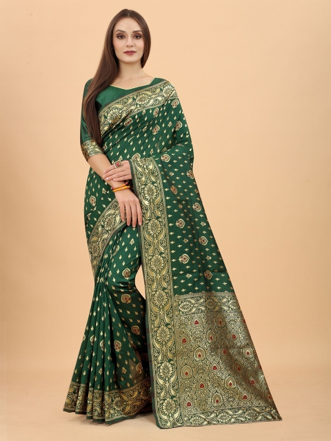 INDI AVTAAR Green & Gold-Toned Woven Design Zari Silk Cotton Heavy Work Banarasi Saree
INDI AVTAAR Green & Gold-Toned Woven Design Zari Silk Cotton Heavy Work Banarasi Saree