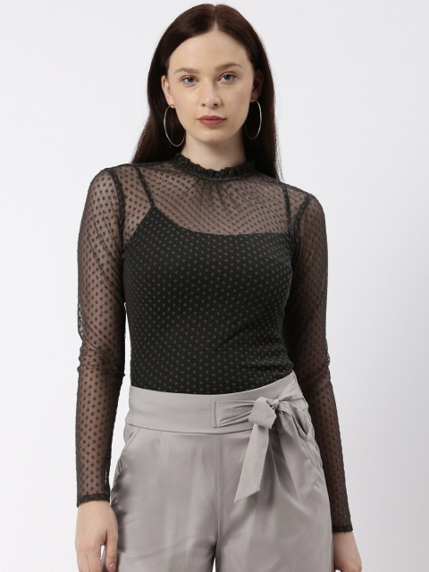kriatma Charcoal Sheer Sleeves Embellished Net Top