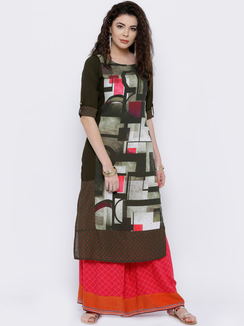 Vishudh Women Olive Green Printed Straight Kurta 
Vishudh Women Olive Green Printed Straight Kurta