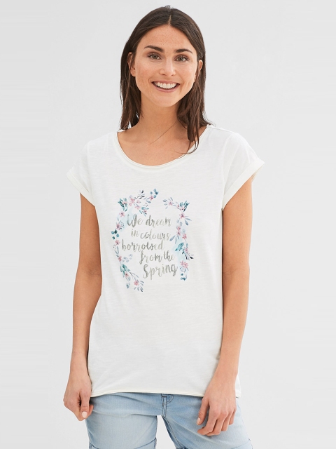 ESPRIT Women Off-White Printed Round Neck T-shirt
