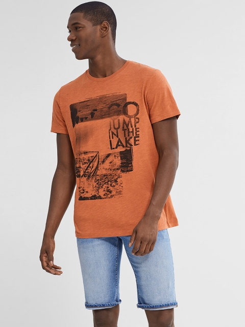 ESPRIT Men Rust Orange Printed Round Neck T-shirt