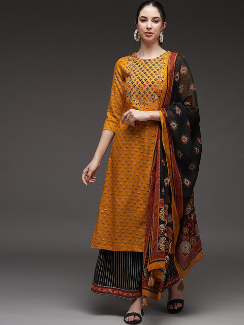 Spera Women Mustard Yellow Sequinned Kurta with Palazzos & With Dupatta
Spera Women Mustard Yellow Sequinned Kurta with Palazzos & With Dupatta