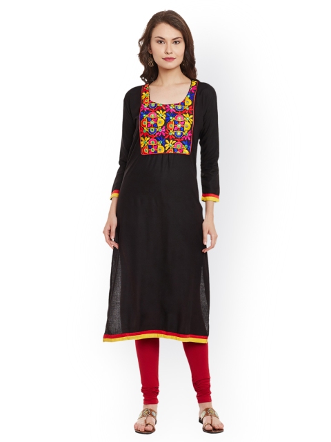 AgrohA Women Black Yoke Design Straight Kurta